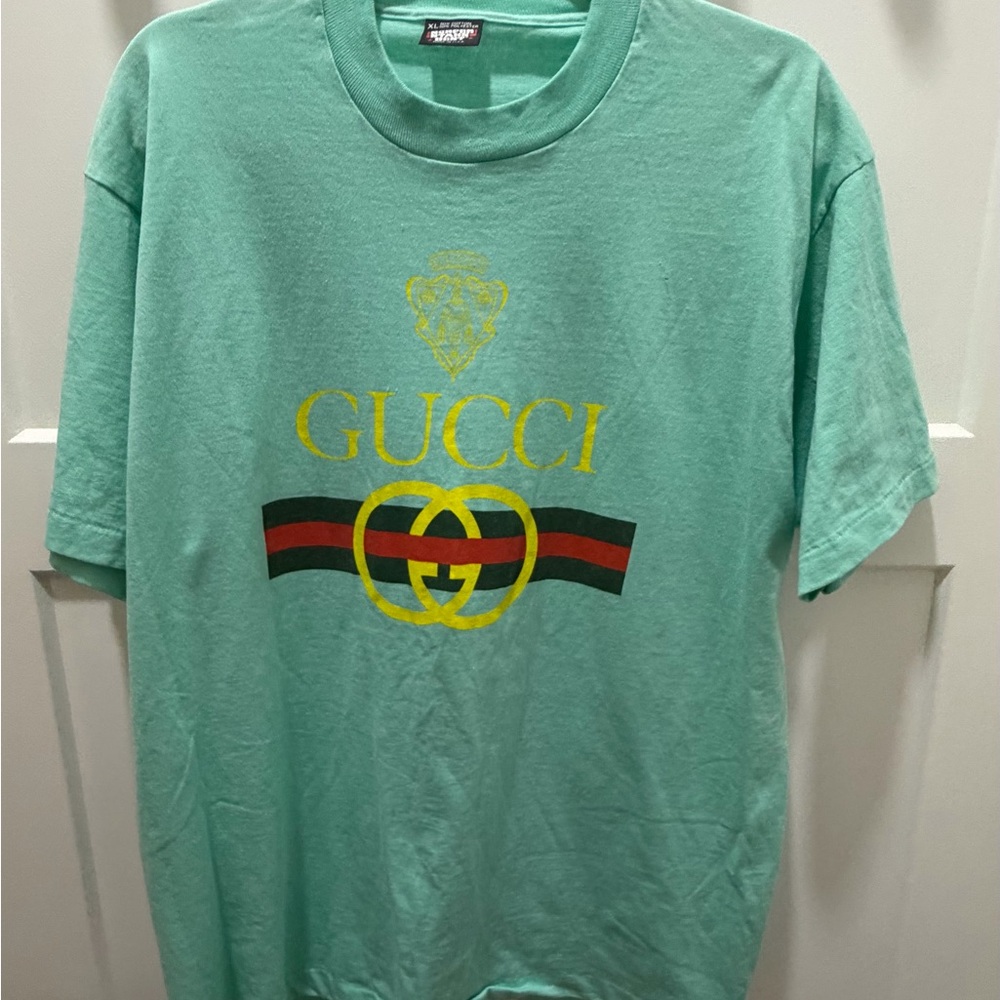Screen Stars Mint Green Short Sleeve Tee with Yellow Logo and Red-Black Stripe